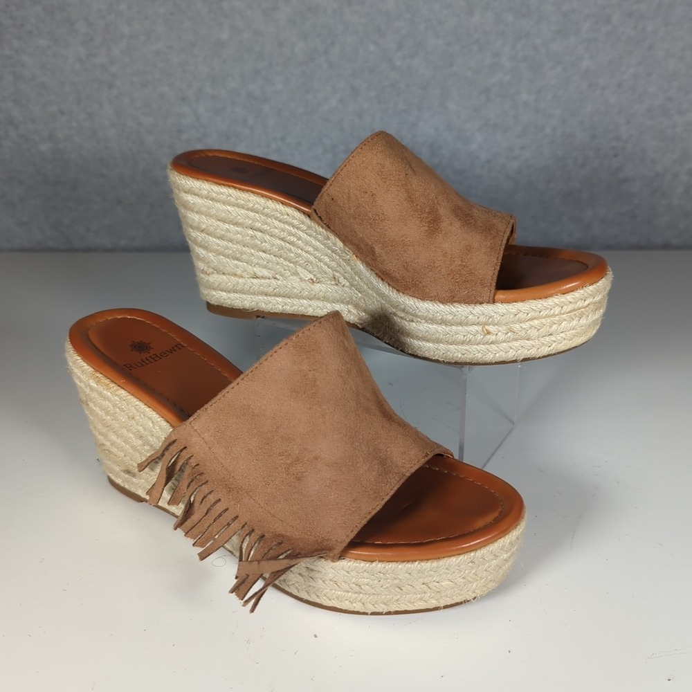 Ruff Hewn Wyatt Women's Tan Slip On Fringe Wedge Sandals 8 Western Boho Festival